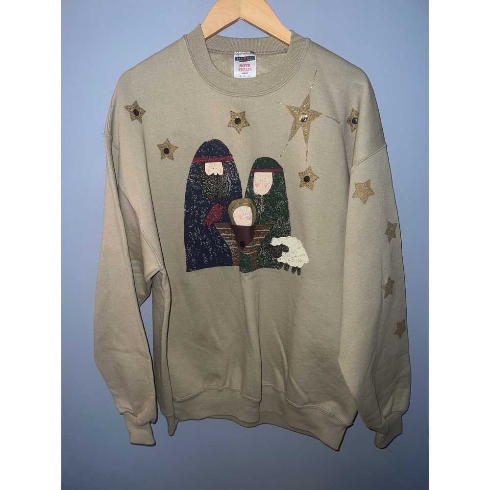 Vintage Jerzees Super Sweats Nativity Christmas Graphic Sweatshirt Tan XL